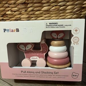 Fox Pull Along and Stacking Wood Toy - Pink, White, and Brown
